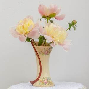 Antique Ceramic Ivory Glaze Floral Decal Unknow Maker Gift Vintage Flower Vase